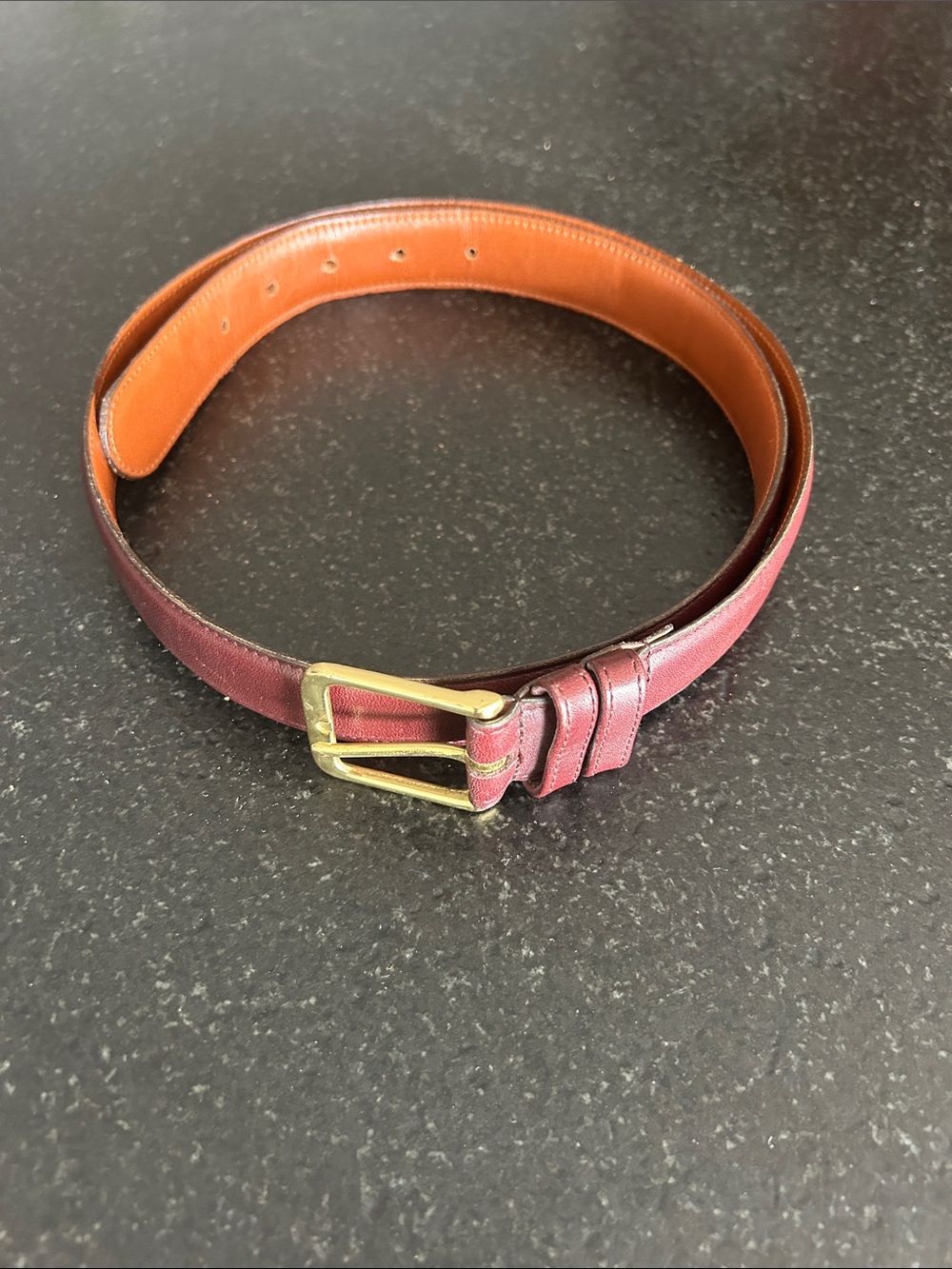 Coach Men's Burgundy Leather Belt with Gold-Tone Buckle and Tan Interior